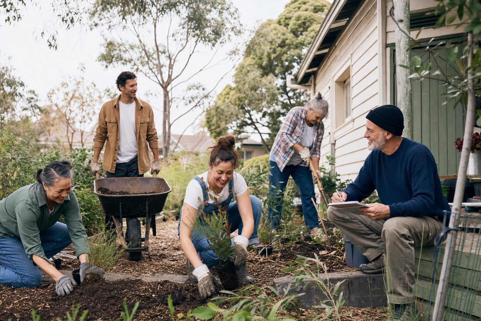 Volunteers from the fictional Wattlebird Community Club working together in a community garden